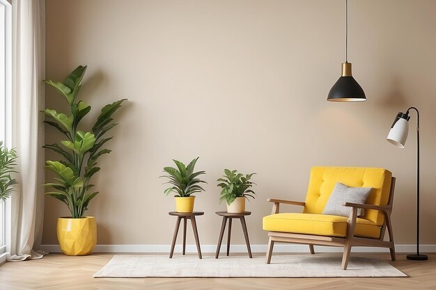 Yellow living room interior with armchair lamp and plant