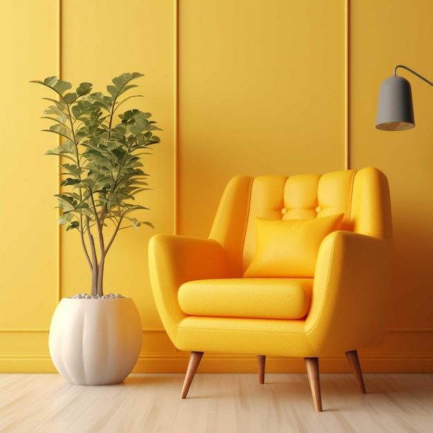 Yellow living room interior with yellow armchair and lamp 3d render