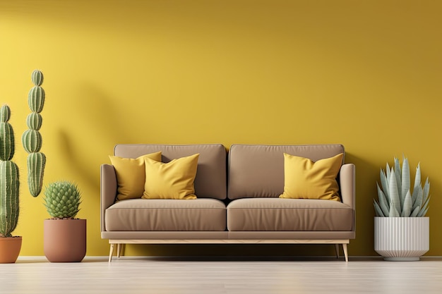 Yellow living room with brown sofa and copy space