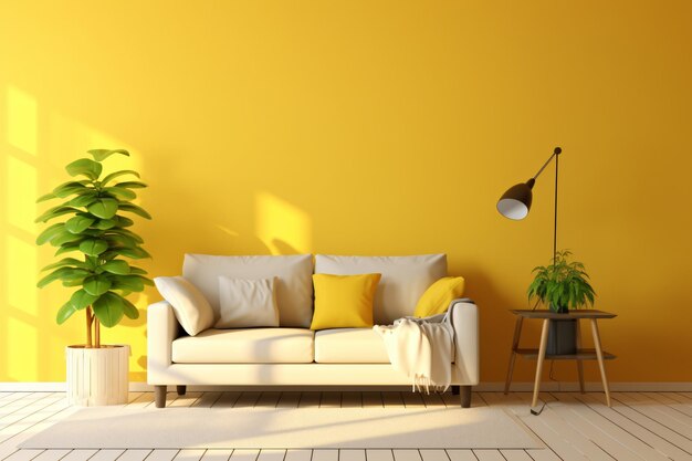 A yellow living room with a couch and a plant in the corner