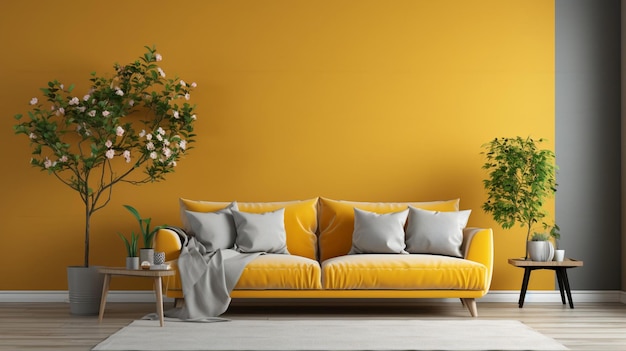 a yellow living room with a couch and a yellow wall with a tree in the corner.