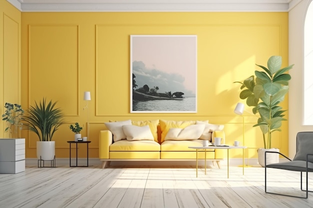 A yellow living room with a plant on the wall and a couch with a picture of a beach on the wall.