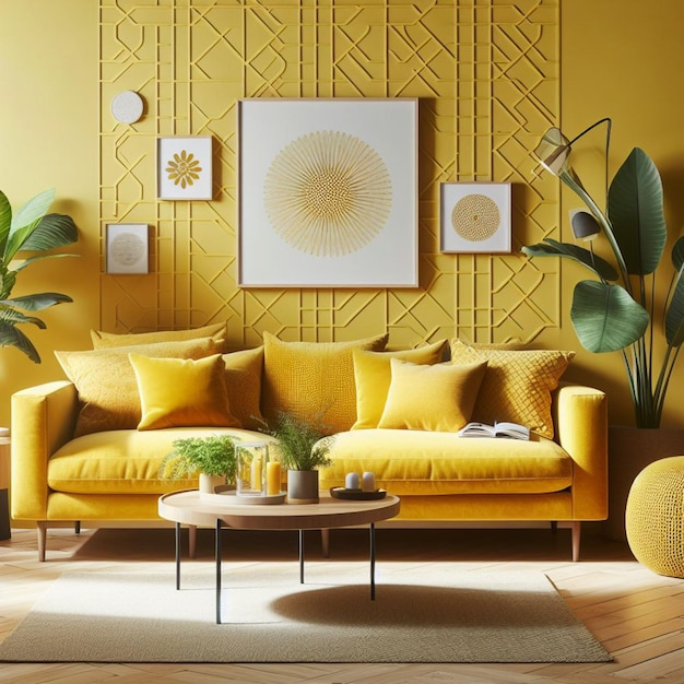 a yellow living room with a yellow couch and a yellow couch with a picture of a sunflower on the wal