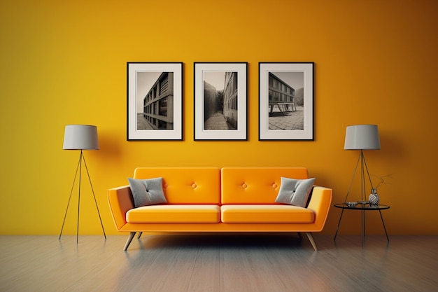 a yellow living room with a yellow couch and a yellow wall with pictures on it.