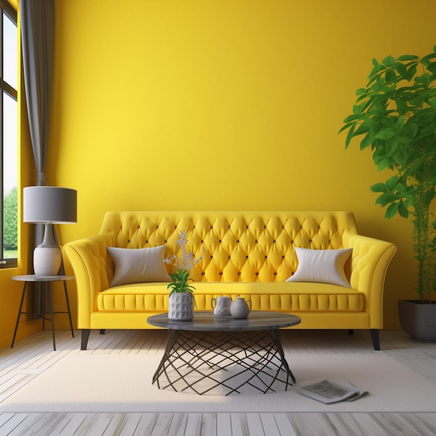 Желтая гостиная с желтым диваном и книжной полкой 3d рендеринг