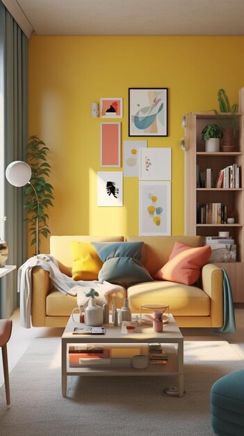 A yellow living room with a yellow wall that has a picture of a plant on it and a picture of a couch with a picture of a girl on it.