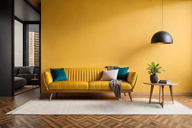 Yellow living room with a yellow wall and a yellow sofa with a potted plant on the table