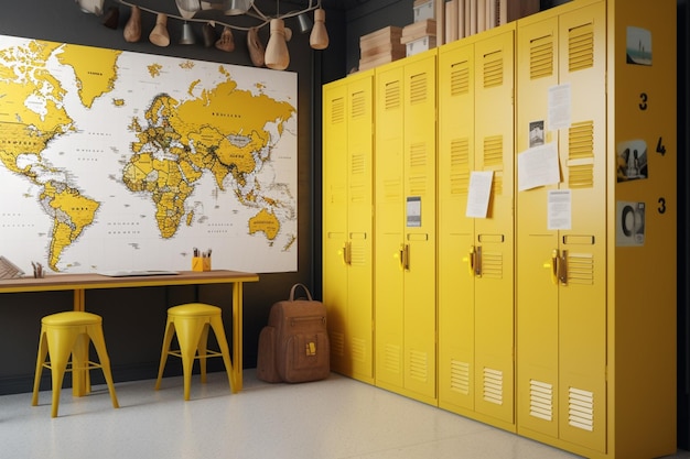 Yellow lockers in a room with a map of the world on the wall.