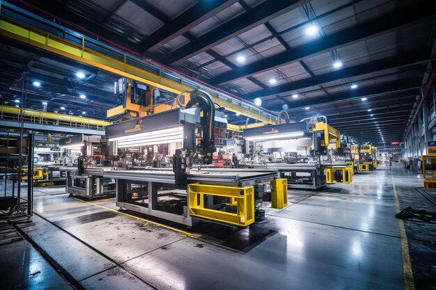 Photo a yellow machine is in a warehouse with a yellow piece of equipment