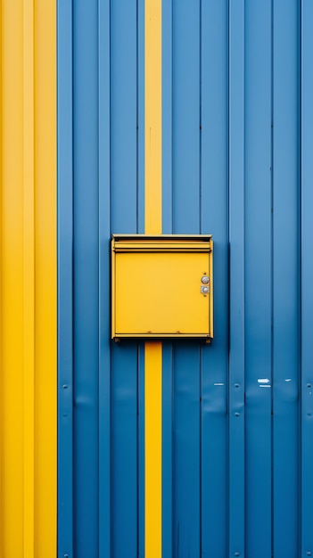 A yellow mail box sitting on the side of a blue wall