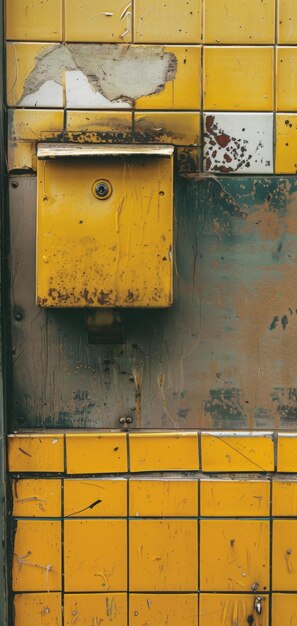 Желтый почтовый ящик установлен на стороне здания в экстремальных деталях, демонстрируя повседневные предметы