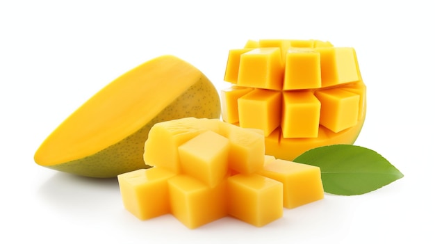 Yellow mango and mango slice with cubes isolated white background