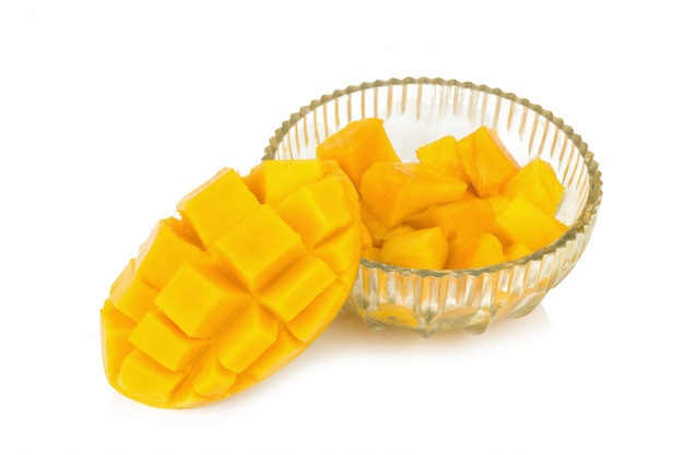 Yellow mango. slice. cube. cube mango in glass. 