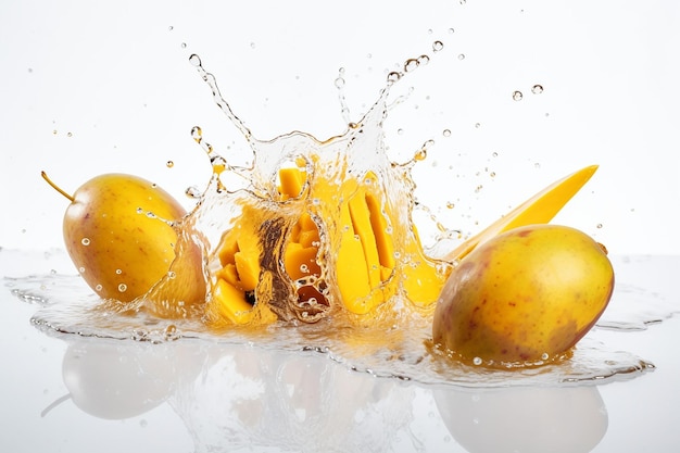 水しぶきとともに水に飛び散る黄色いマンゴー
