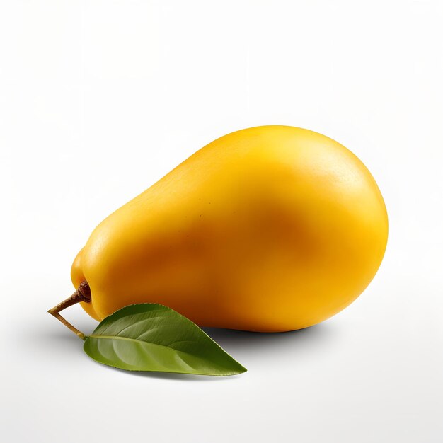 A yellow mango with a leaf that has the word mango on it.