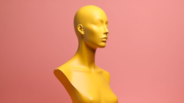 A yellow mannequin with a pink background