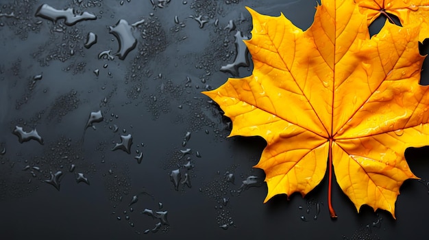 Yellow maple leaf on a black graphite table in water drops an idea for an autumn AI generated