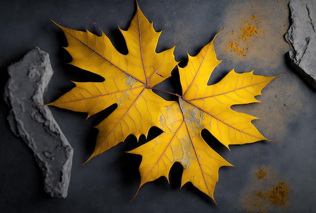 Yellow maple leaves in a top view photographed on a surface made of fractured concrete