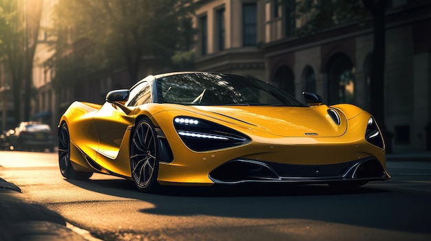 A yellow mclaren 720s sports car on a city street