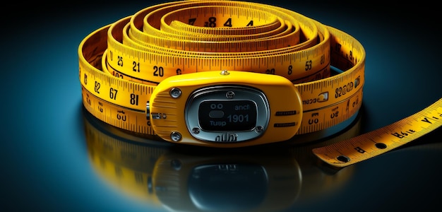 Yellow measuring tape on black reflective background