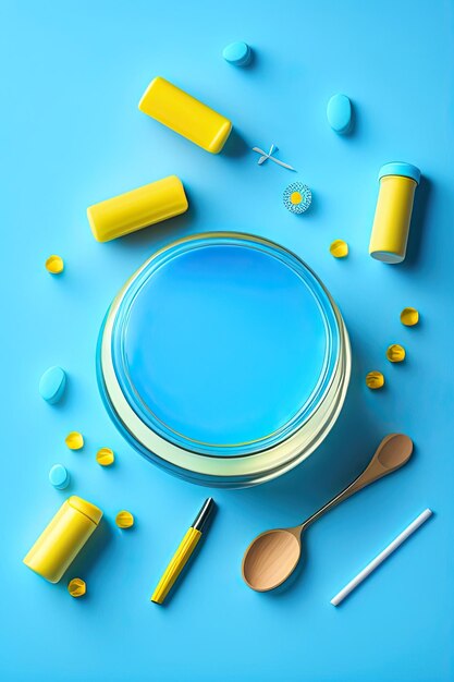 Yellow medical pills scattered from a glass jar and thermometer on blue background with copy space f