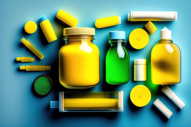 Yellow medical pills scattered from a glass jar vs disposable syringe on blue and green background