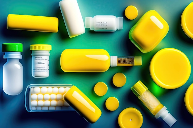 青と緑の背景にガラス瓶から散乱した黄色の医療薬 vs 使い捨て注射器