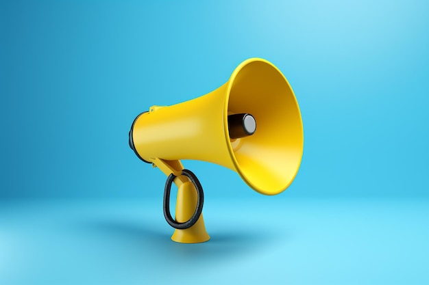 Photo yellow megaphone loudspeaker on a blue background communicate boldly