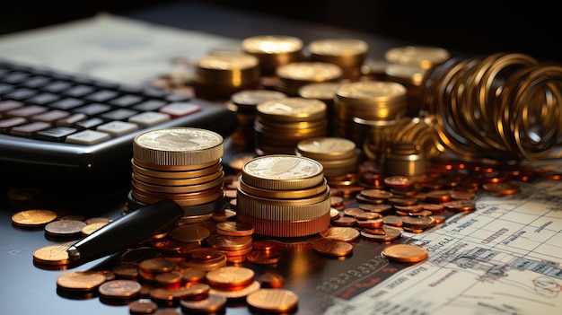 Photo yellow metal coins on the table created using generative ai tools