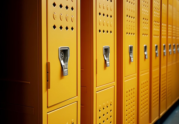 Желтые металлические школьные или спортивные шкафчики в раздевалке стоят в ряд, вид сбоку