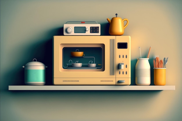 A yellow microwave with a tea kettle on top of it.