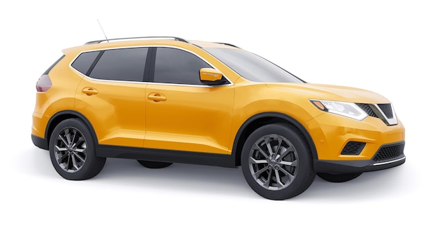 Yellow Mid-size family urban SUV car on white background. 3D illustration.