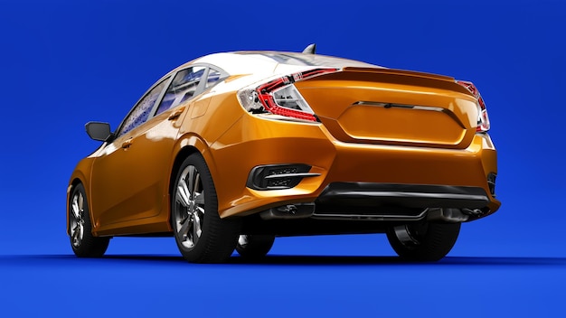 Yellow mid-size urban family sedan on a blue uniform background. 3d rendering.