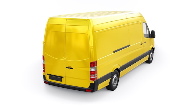 Yellow midsize commercial van on a white background A blank body for applying your design inscriptions and logos 3d illustration