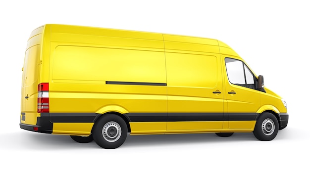 Yellow midsize commercial van on a white background A blank body for applying your design inscriptions and logos 3d illustration
