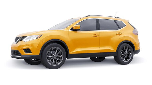 Yellow Midsize family urban SUV car on white background 3D illustration