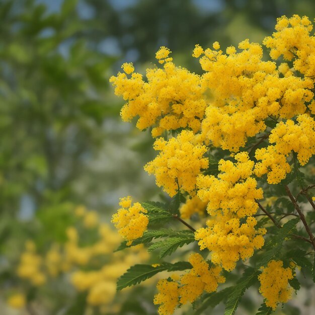Yellow mimosa flowers close up spring women's day easter greeting card nature background