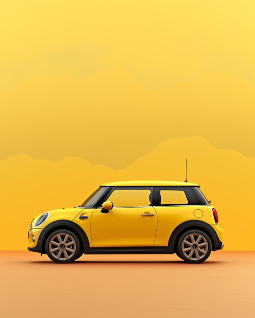 yellow mini cooper car on a desert road with mountains in the background generative ai