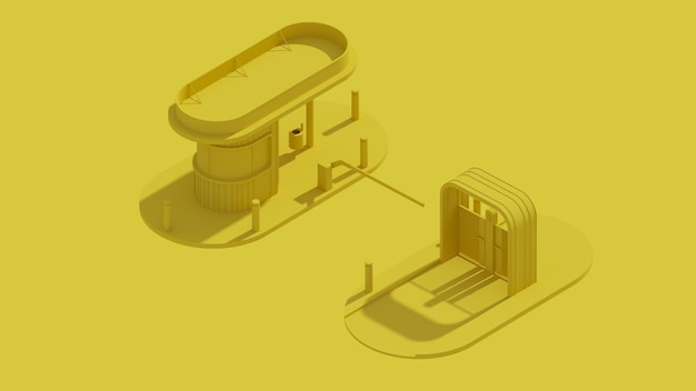 A yellow model of a building with a large entrance and a small building with a large entrance.