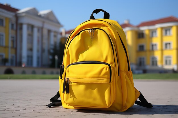 Foto zaino giallo moderno in natura con libri sullo sfondo scolastico