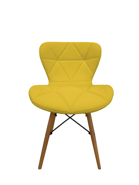 흰색 배경에 나무 다리에 인조 가죽으로 만든 노란색 현대 디자이너 의자