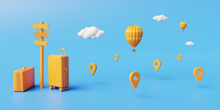 Photo yellow monochrome image with blue background of tourist route with luggage and hot air balloons
