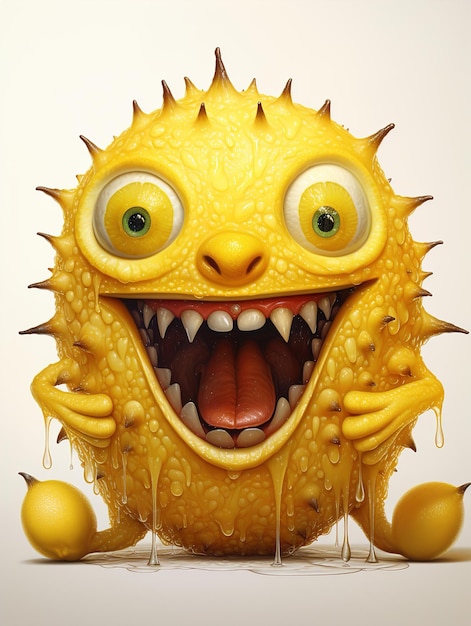 a yellow monster with big eyes and mouth open