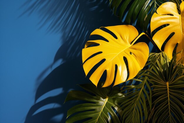 Yellow monstera and palm shadow leaves on blue background