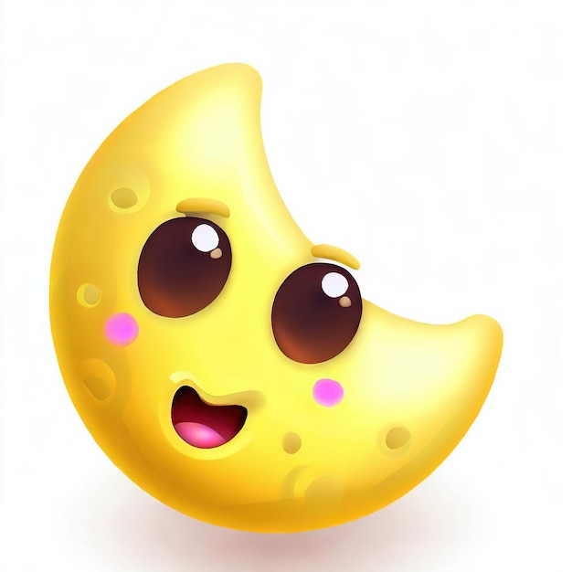 A yellow moon with pink eyes and a pink nose is on a white background.