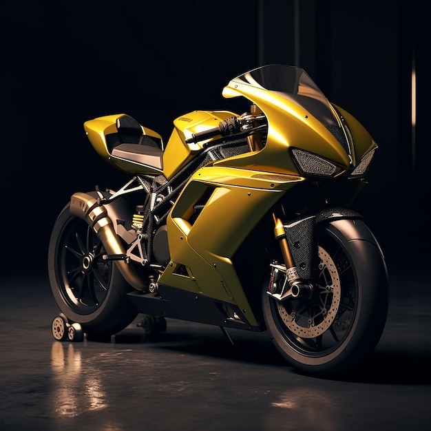 A yellow motorcycle is parked in a dark room.