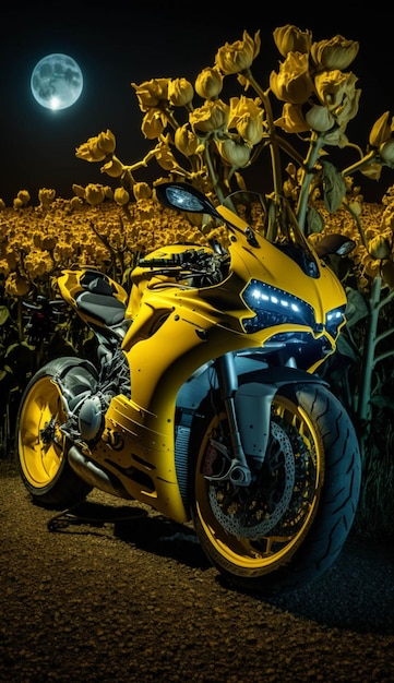 Photo yellow motorcycle parked in front of a field of flowers generative ai