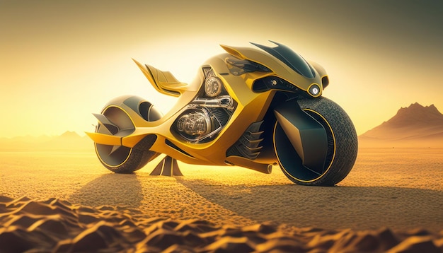 A yellow motorcycle with a black engine sits in the desert