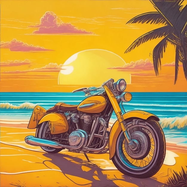 A yellow motorcycle with a palm tree on the beach to celebrate world motorcycle day