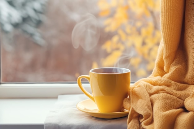 Yellow mug drink scarf window Evening cozy Generate Ai